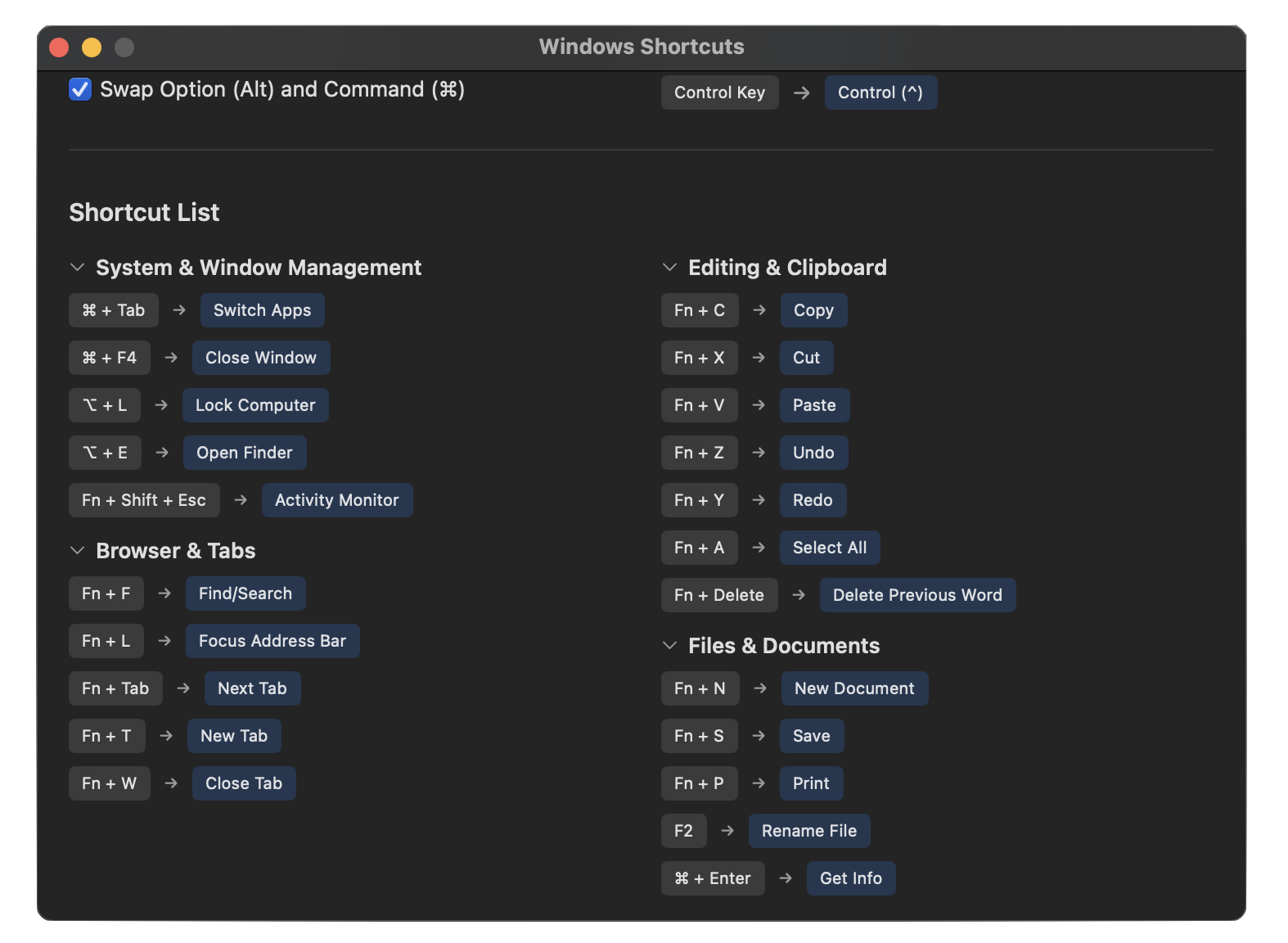 Windows Shortcuts shortcut list